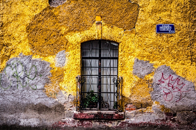 yellow, street, rustic, weathered, steel, grills, blue, mexico, building, architecture, outdoors, 4K, deteriorated, wall, wall - Building Feature, built structure