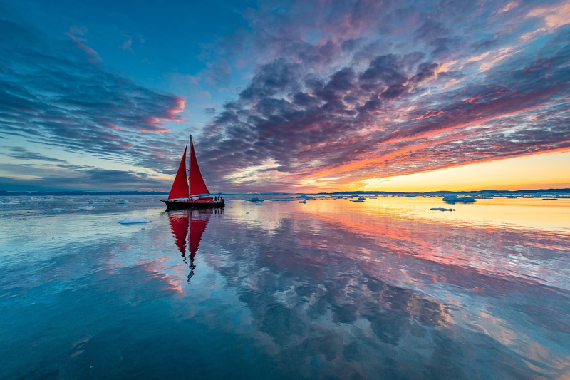 clouds, sky, sunlight, ice berg, vehicle, 1080P, boat, iceberg, reflection, water