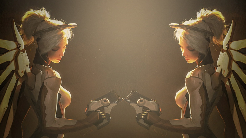 hairstyle, nature, artwork, digital art, lifestyles, clothing, xiaofei syrup, blond hair, 1080P, Mercy, people, Overwatch, girls, child, two people, blonde