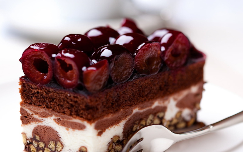baking, fork, snack, white, gourmet, refreshment, sweet Food, no People, 720P, brown, backgrounds, cherry, slice, icing, sweet, still life, berries, syrup