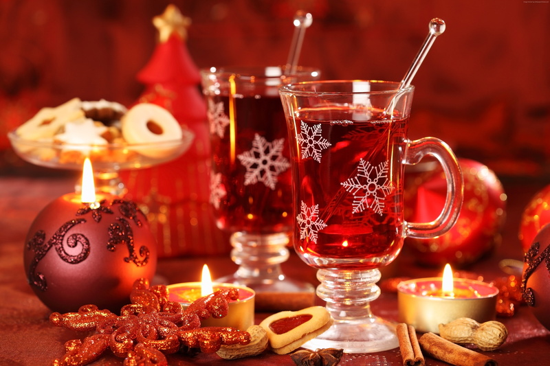 biscuits, Mulled wine, Christmas, cinnamon, decorations, candle, 4K, peanuts