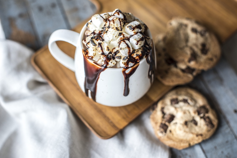 temptation, cookie, chocolate syrup, table, high angle view, marshmallows, mug, hand, close-up, breakfast, delicious, still life, indulgence, freshness