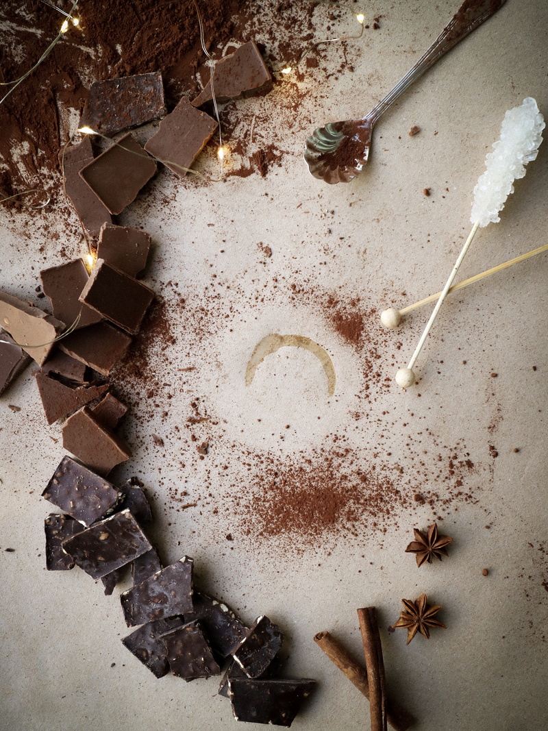 high angle view, directly above, indoors, still life, 5K, chocolate, leaf, indulgence, temptation, close-up, coffee, sugar, nature, foodporn, table, food