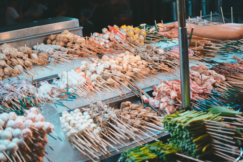 for sale, food and drink, retail, abundance, large group of objects, street food, skewer, retail display, outdoors, 5K, packs, meat, freshness, arrangement