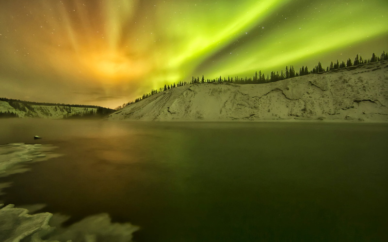lake, 1080P, winter, Northern lights, Yukon, Alaska, glow, snow, USA