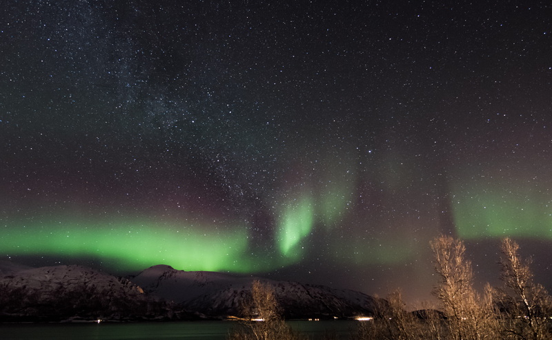 scenics - nature, green aurora, 5K, mountain, star - space, night life, outer space, environment, space, star field, night, norway, nature, aurora, sky