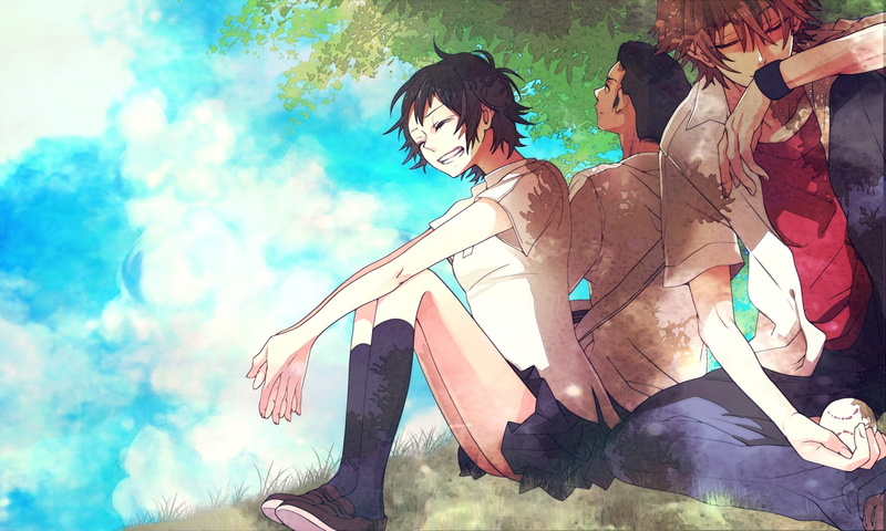 brown, chiaki, kousuke, grass, seifuku, short, shoujo, kneehighs, konno, kakeru, yamako, tsuda, black, makoto, hair, skirt, 720P, clouds, toki, mamiya