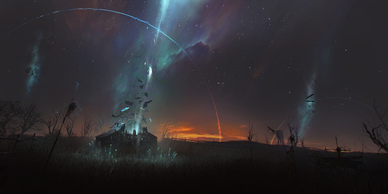 4K, alien abduction, aurorae, windmill, sunset, space, field, David Metzger, digital art, stars, fantasy art