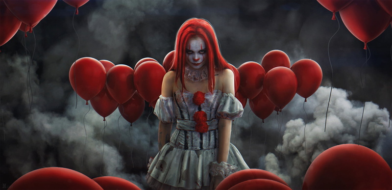 tattoo, dress, artwork, ultrawide, 1080P, bare shoulders, clowns, looking at viewer, frontal view, balloon, clown, redhead, ArtStation, digital art, pennywise
