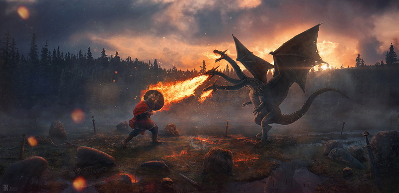 stones, armor, sword, sunset, flame, forest, bones, 1080P, Dragon, Russia, hero, Evgenij Kungur