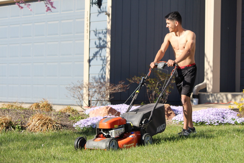 Lads, one man only, caucasian, field, gardening, built structure, smiling, front or back yard, day, adult, 5K, outdoor, Shirtless, lifestyles, shorts