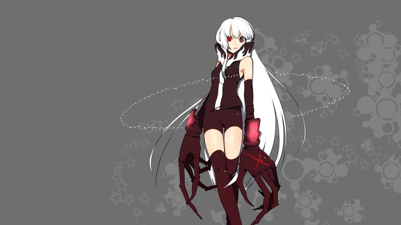 brown, heterochromia, strength, shooter, rock, gray, long, claws, hair, white, bare, simple, red, eyes, ornaments, shoulders, belts, thigh, circles, black