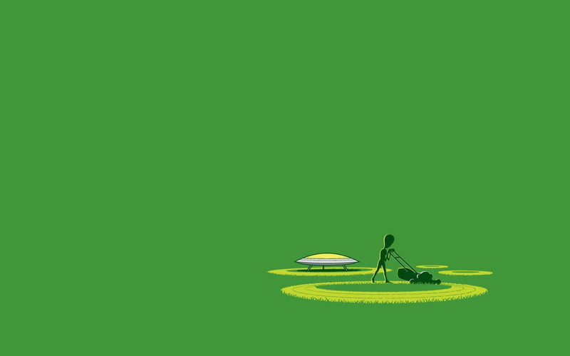 720P, copy space, indoors, multi colored, water, plant, studio shot, no people, digital art minimalism humor simple background ufo lawnmowers circle grass green background aliens