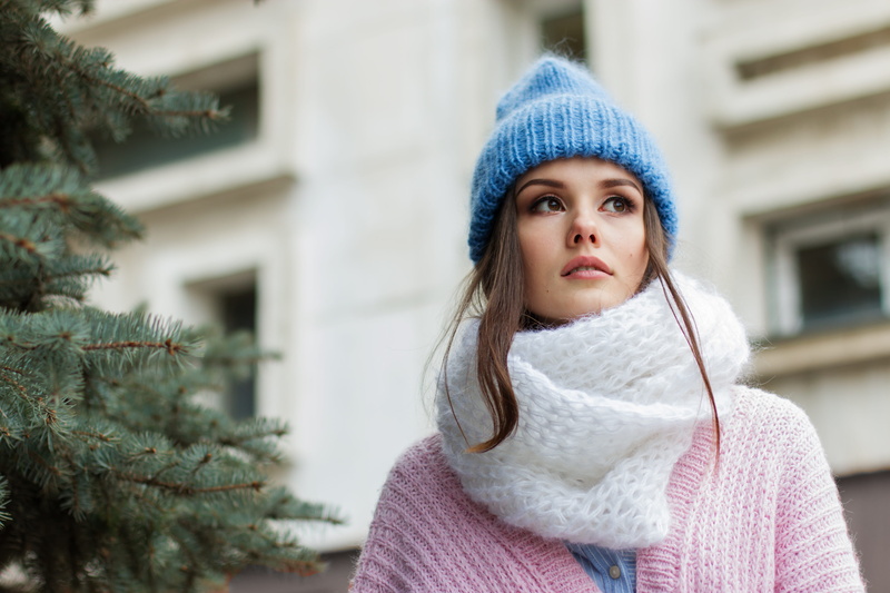 posture, cardigan, blue, girl, young women, leather, one person, cap, woman, pink, cold temperature, white, front view, headshot, wearing, focus on foreground
