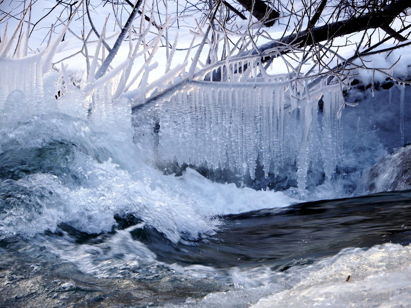 ice, motion, ice formations, wave, outdoors, small river, tree, water, power in nature, no people, snow, splashing, frozen water, power, flowing water
