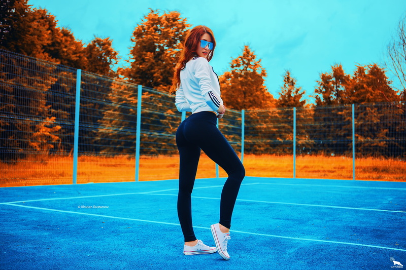 sunglasses, Khusen Rustamov, long hair, selective coloring, sportswear, standing, sweatshirts, cyan, model, women outdoors, women, leggings, Converse, outdoors