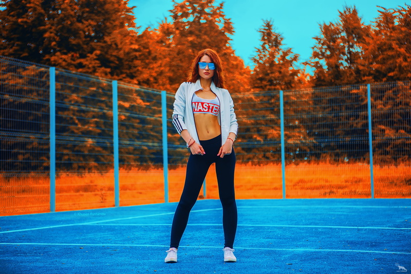 sunglasses, Khusen Rustamov, Converse, women outdoors, standing, belly, short tops, model, sweatshirts, long hair, selective coloring, outdoors, leggings