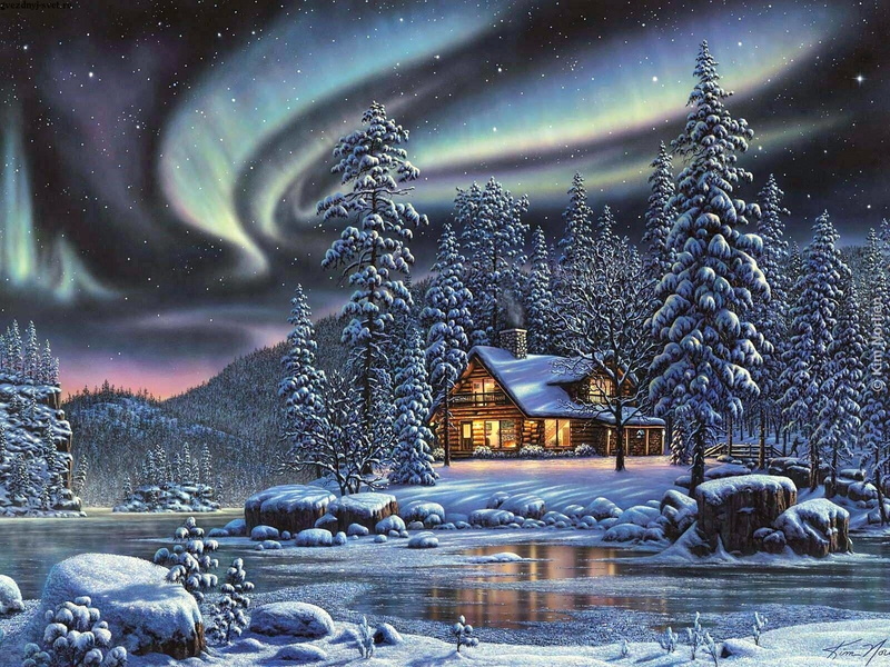 snow, artistic, 720P, aurora, trees, art, holidays, christmas, colors, stars, scenic, winter, nature, landscapes, seasons, sci fi, skies, fantasy, kim norlien