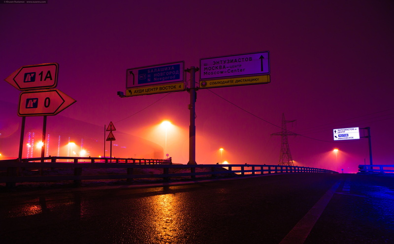 guidance, city, 5K, Road, directional sign, russia, mystic, street light, sunset, khusen rustamov, communication, text, Urban, fog, western script, khusen