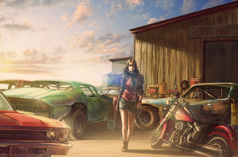 the barn, 4K, motorcycle, Rust graveyard, old car, Chevrolet, dump, figure, art, by c85, girl