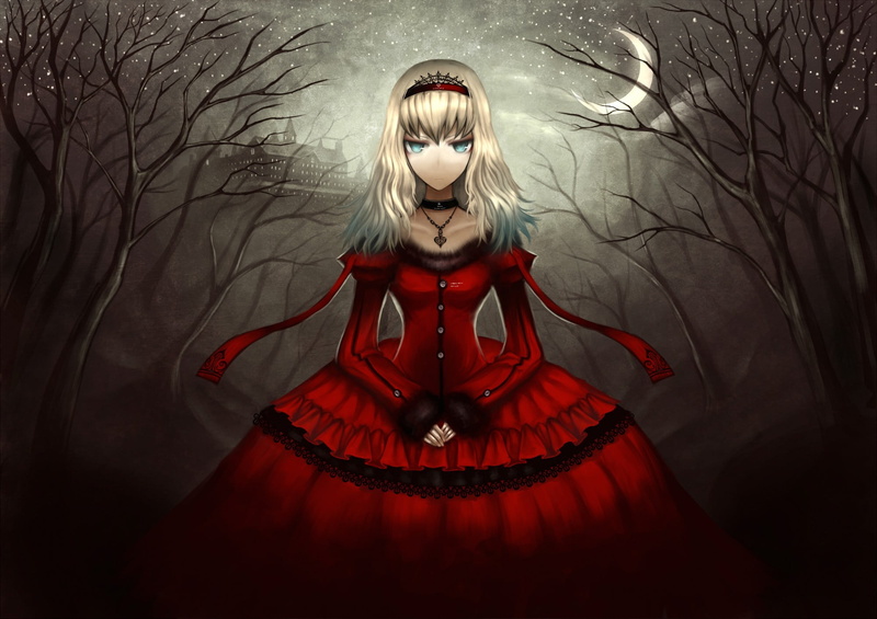 indoors, fashion, anime girls, clothing, forest, one person, front view, night, blond hair, hairstyle, Alice in Wonderland, long hair, blue eyes, anime