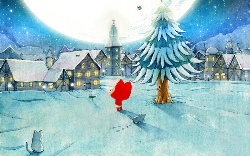 quiet, cartoon, cute, painted, look, hand-painted wind, painting, snow, grey, red, wind, hand, night, 1080P, meng, character