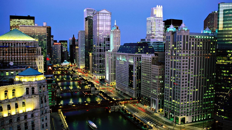 grey, skyscrapers, river, chicago, building, bridges, high, city, night, nature and landscapes, 1080P, rise