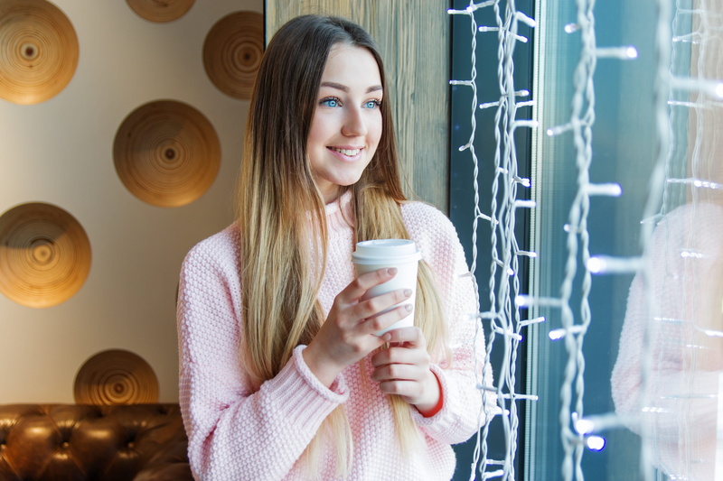 cup, coffee - drink, hair, coffee cup, mug, indoors, window, refreshment, happiness, hairstyle, women, lifestyles, girl, long hair, beautiful, food and drink