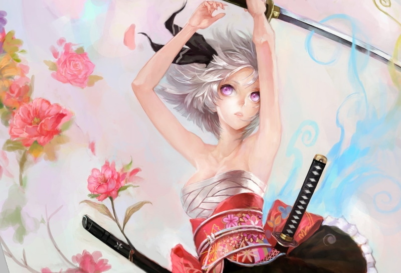 katanas, art, nature, hair, short, purple, white, 720P, japanese, hd, youmu, samurai, konpaku, weapons, e, Flowers, armpits, Touhou
