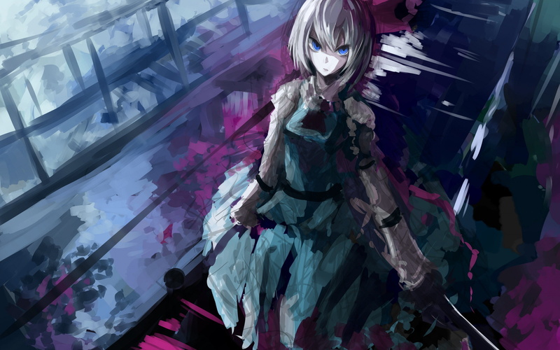 2K, katana, anime, touhou, weapons, konpaku youmu, bridge, ayaya, girl, Art