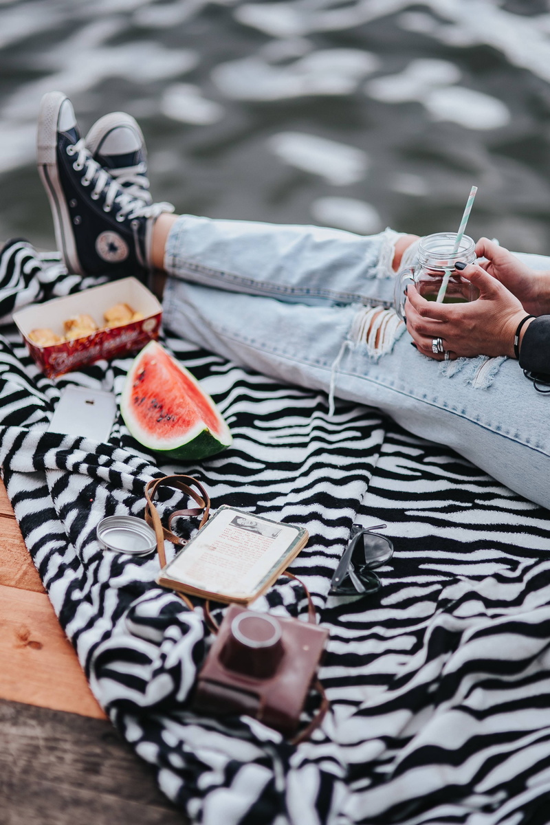 human body part, lifestyles, female, summer, healthy, jeans, fruit, watermelon, wooden pier, selective focus, human hand, communication, relaxation, snack
