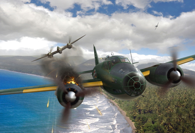 Mitsubishi, Lockheed, painting, G4M, heavy fighter, 2K, P-38 Lightning, bomber