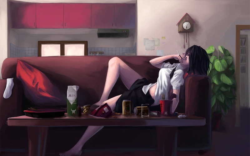 1080P, chair, beautiful woman, furniture, home interior, drink, girl, table, indoors, anime, glass, whiskey, boy, lifestyles, character, art, lying, three quarter length