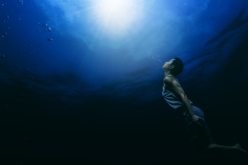 nature, swimming, deep, sunbeam, swim, young adult, art, underwater, water, illustration, dark, swimmer, painting, one person, blue, full length, marine