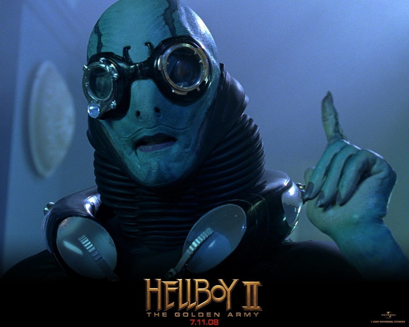 Hellboy II: The Golden Army, indoors, Abe Sapien, one person, robot, Movie, anger, underwater, 720P, close-up, warning sign, men, Doug Jones, sign, human body part
