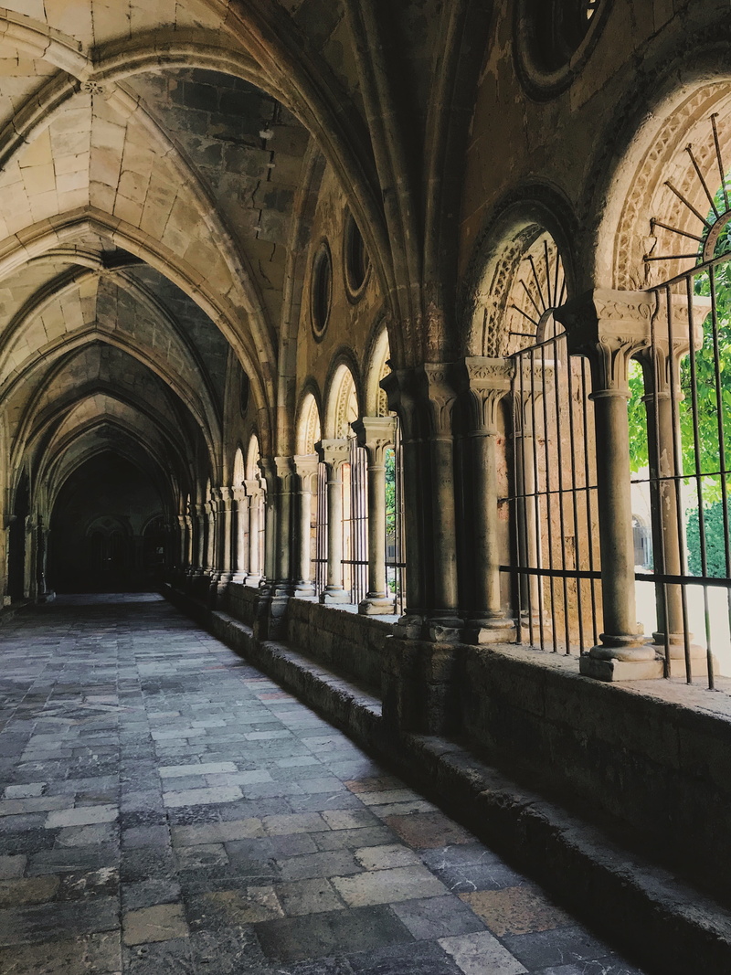 corridor, no people, the past, gothic style, tarragona, architecture, ceiling, the way forward, arch, belief, flooring, religion, day, arcade, ornate, pla de palau