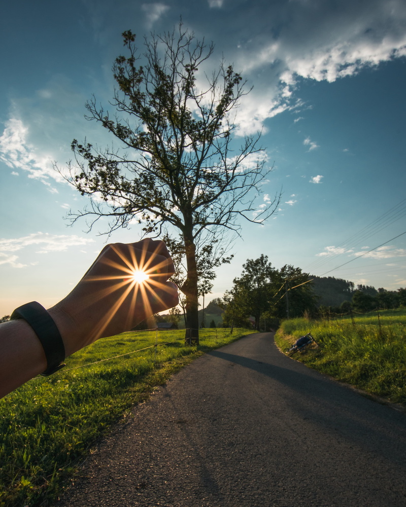landscape, cloud - sky, tranquility, sun, road, lens flare, plant, outdoors, diminishing perspective, direction, background, cycling, summer, transportation