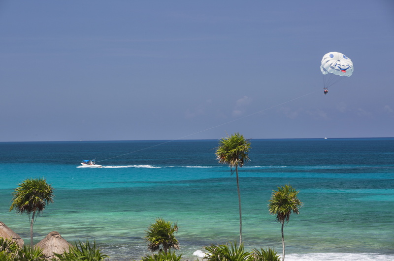 nature, parasailing, sea, extreme sports, parachute, sky, outdoors, plant, flying, playa del carmen, beach, horizon, sport, adventure, scenics - nature