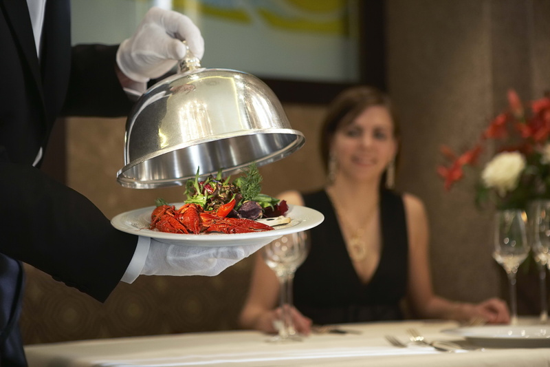 dinner, meal, service, two people, Food, glass, Restaurant, focus on foreground, table, food and drink, midsection, Tray, refreshment, women, front view