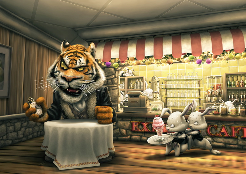 Tiger, customer, late, order, cafe, rabbit, watches, 1080P, ice, cream, cash, table, waiters