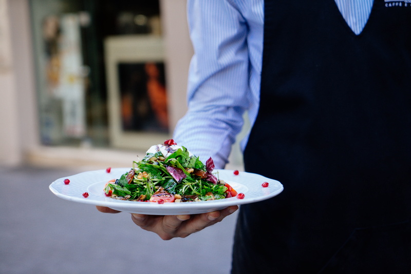 serve, pomegranate, vegetable, person, salad, human body part, midsection, focus on foreground, 5K, waiter, healthy eating, radicchio, healthy lifestyle