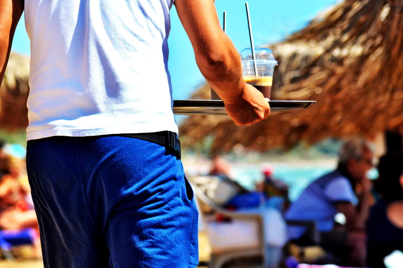 focus on foreground, casual clothing, Beach, blue, sea, waiter with coffee, man, Sea, standing, waiter by the sea, real people, Waiter, 4K, beach waiter