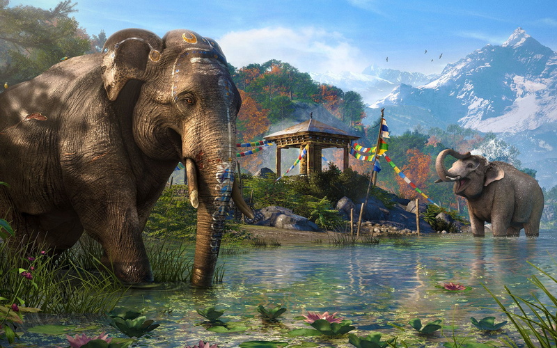 no people, Far cry 4, Lake, animal themes, group of animals, water, architecture, flowering plant, animal wildlife, nature, cloud - sky, elephant, animal