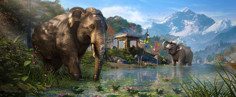 no people, environment, mountain, indian elephant, animal themes, far cry 4 4k new image, animal, elephant, group of animals, mammal, water, nature, outdoors