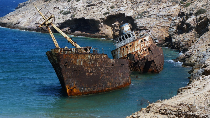 ship, sunken ship, land, nautical vessel, sunken, corroded, shipwreck, amorgos, holiday, greece, nature, body, solid, 4K, beach, day, sea, rock - object