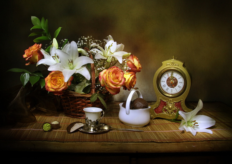 Lily, fabric, basket, still life, Cup, vase, 2K, marshmallows, dessert, candy, flowers, roses, watch