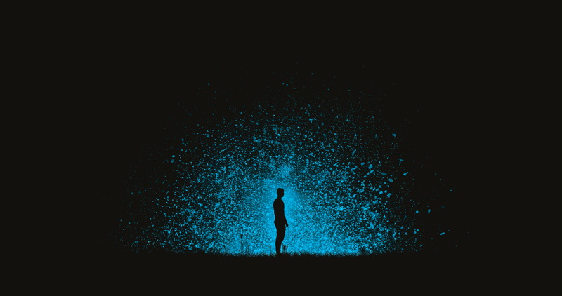 blue, glowing, black, dark, night, cyan, men outdoors, lights, particle, silhouette, 5K, outdoors, men