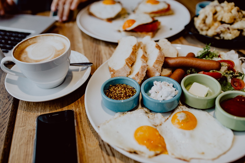two, morning, temptation, close-up, meal, plate, coffee cup, sausage, food and drink, delicious, crockery, indoors, refreshment, saucer, fried egg, cup