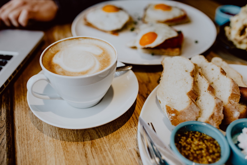 refreshment, table, food and drink, bread, breakfast, morning, saucer, fried egg, eggs, coffee - drink, crockery, meal, food, sausage, two, frothy drink