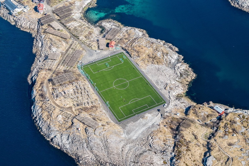 Norway, soccer, landscape, sea, Lofoten Islands, aerial view, soccer pitches, field, 720P